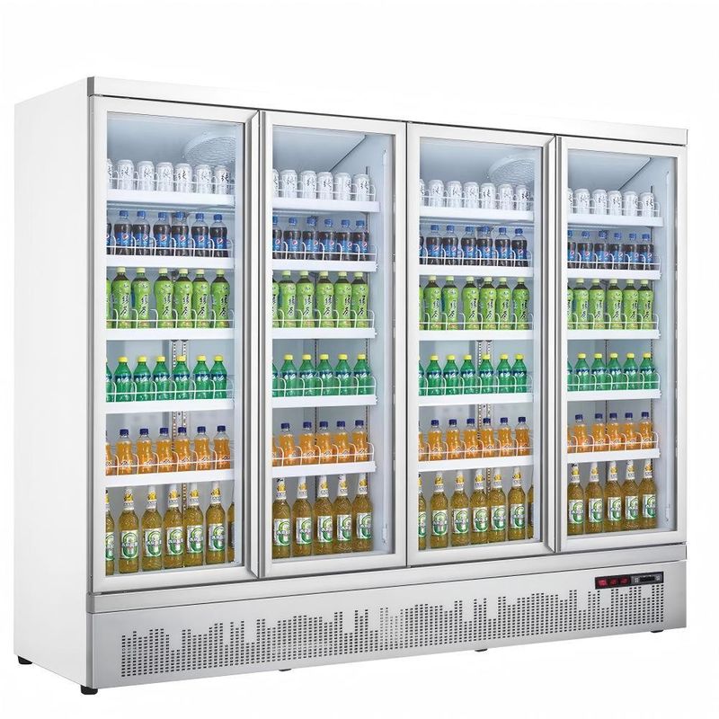 Refrigerador exhibidor de bebidas de vidrio de cuatro puertas, refrigerador de exhibición para supermercado con tecnología de enfriamiento para almacenamiento de bebidas