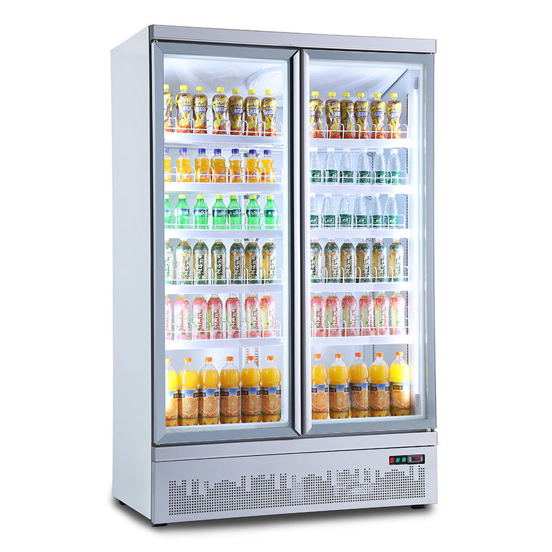 Refrigerador congelador exhibidor de bebidas energéticas con puerta de vidrio vertical de alta conexión comercial para supermercado, refrigerado por aire