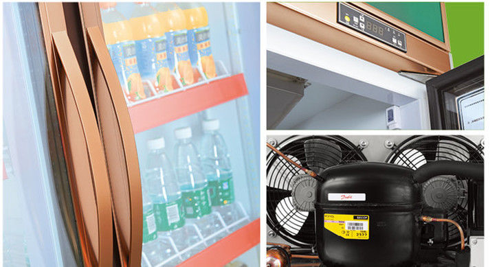 Refrigerador congelador exhibidor de bebidas energéticas con puerta de vidrio vertical de alta conexión comercial para supermercado, refrigerado por aire